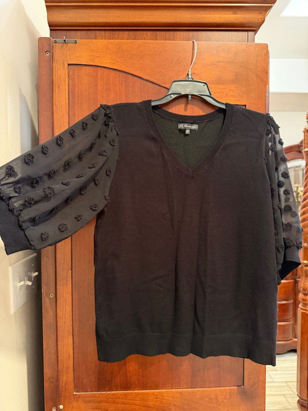 Adrianna Papell Black V-Neck Sweater with Sheer Dot Puff Sleeves
